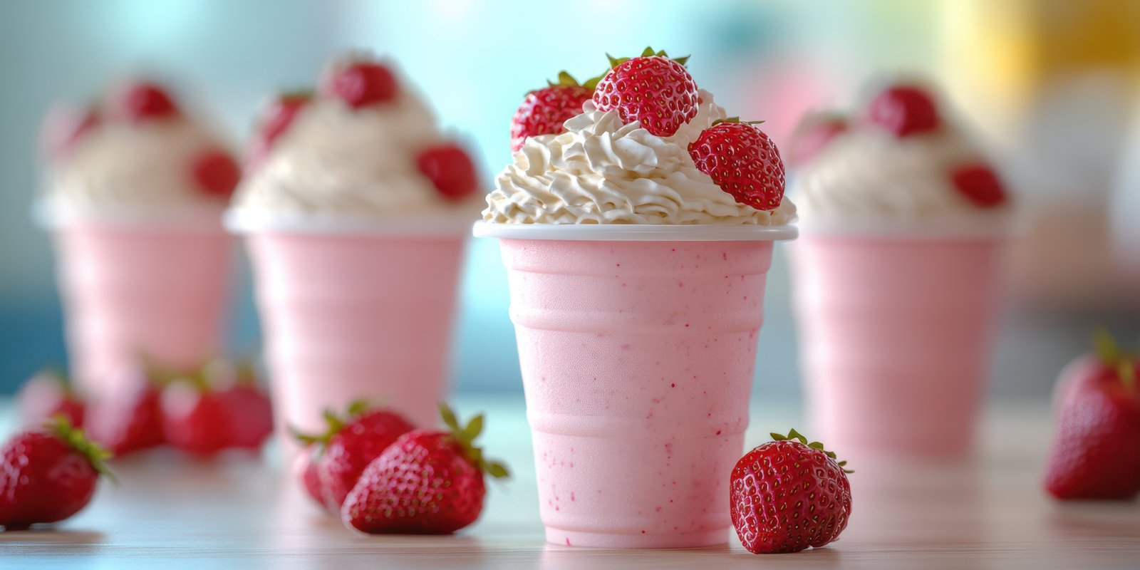 Sweet strawberry milkshake dessert served in colorful cups with whipped cream and fresh strawberries